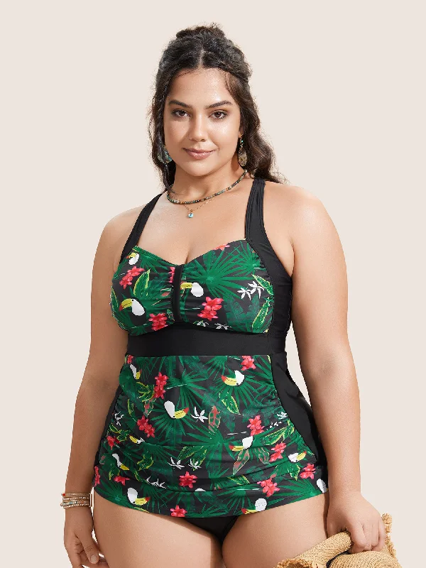 Women's Seasonal Apparel Tropical Print Patchwork Gathered Swim Top