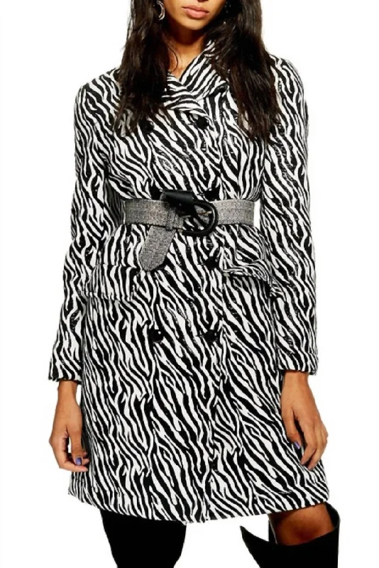 Women's Comfy Attire For Lounging Zebra Print Double Breasted Shimmer Coat In Black/white