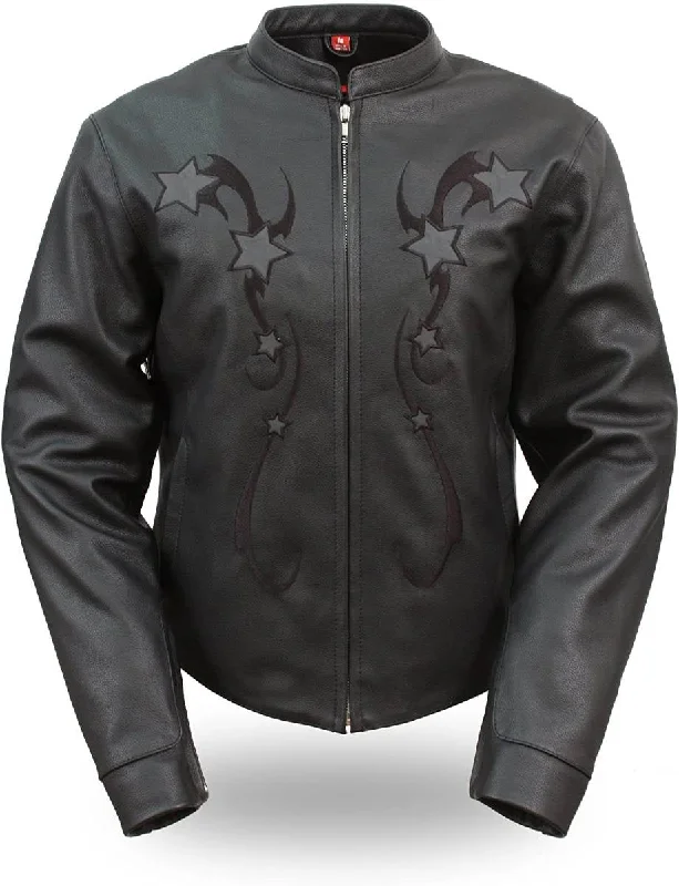 Fashionable Tops for Women First Manufacturing FIL180CSZ Women's Black Sporty Scooter Leather Jacket with Reflective Stars Fashionable Tops for Women First Manufacturing FIL180CSZ Women's Black Sporty Scooter Leather Jacket with Reflective Stars