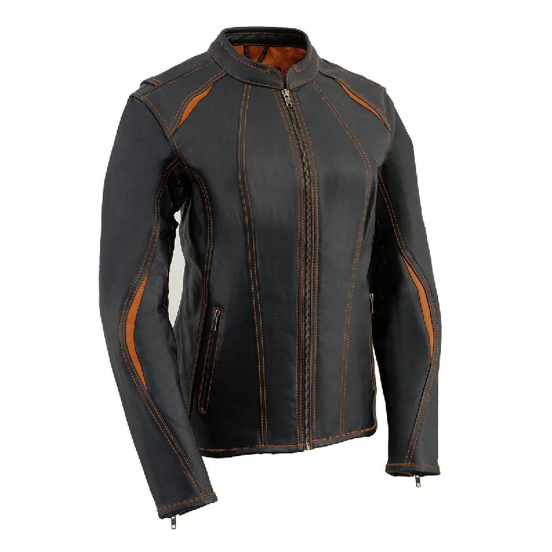 Unique Women's Fashion Pieces Milwaukee Leather MLL2502 Women's 'Laser Cut' Distressed Black and Orange Scuba Style Racer Jacket Unique Women's Fashion Pieces Milwaukee Leather MLL2502 Women's 'Laser Cut' Distressed Black and Orange Scuba Style Racer Jacket