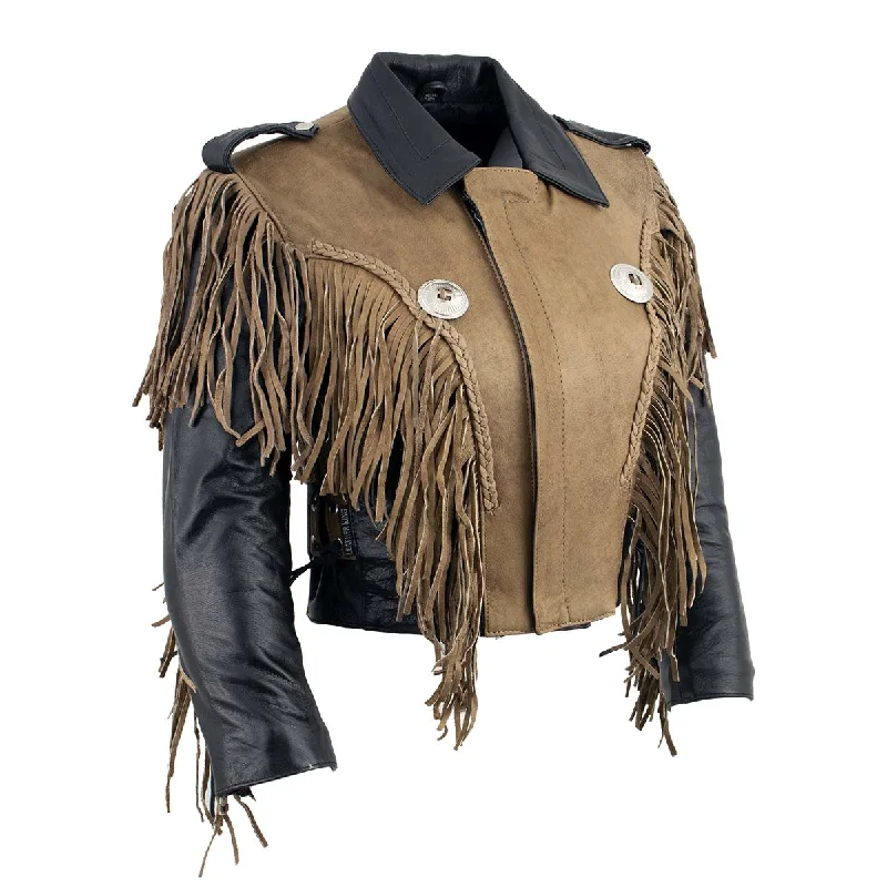Women's Stylish Outerwear Leather King SH2015 Ladies ‘Fringed’ Cropped Two Tone Jacket with Braiding Detail Women's Stylish Outerwear Leather King SH2015 Ladies ‘Fringed’ Cropped Two Tone Jacket with Braiding Detail