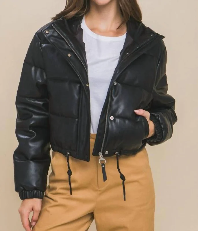 Women's Transitional Outfit Faux Leather Puffer Jacket In Black