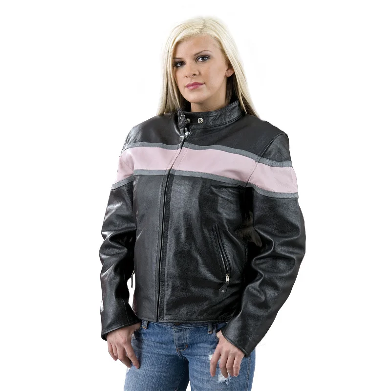 Chic Women's Clothing for Work and Travel Genuine Leather EL7111 Ladies Black and Pink Racer Style Leather Jacket Chic Women's Clothing for Work and Travel Genuine Leather EL7111 Ladies Black and Pink Racer Style Leather Jacket
