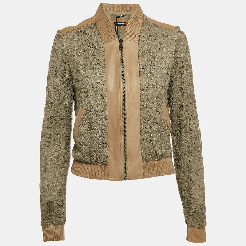 Modern Women's Wardrobe Essentials Dolce & Gabbana Green Leather Trim Lace Bomber Jacket Modern Women's Wardrobe Essentials Dolce & Gabbana Green Leather Trim Lace Bomber Jacket