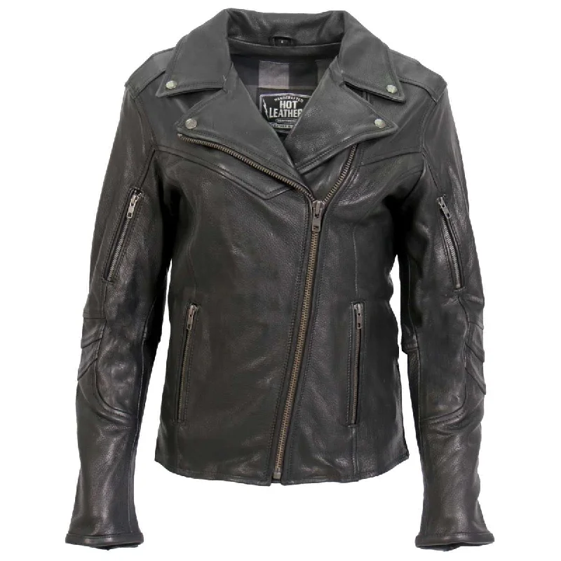 Trendy Women's Apparel Hot Leathers JKL1034 Ladies Black Leather MC Jacket with Plaid Flannel Lining Trendy Women's Apparel Hot Leathers JKL1034 Ladies Black Leather MC Jacket with Plaid Flannel Lining