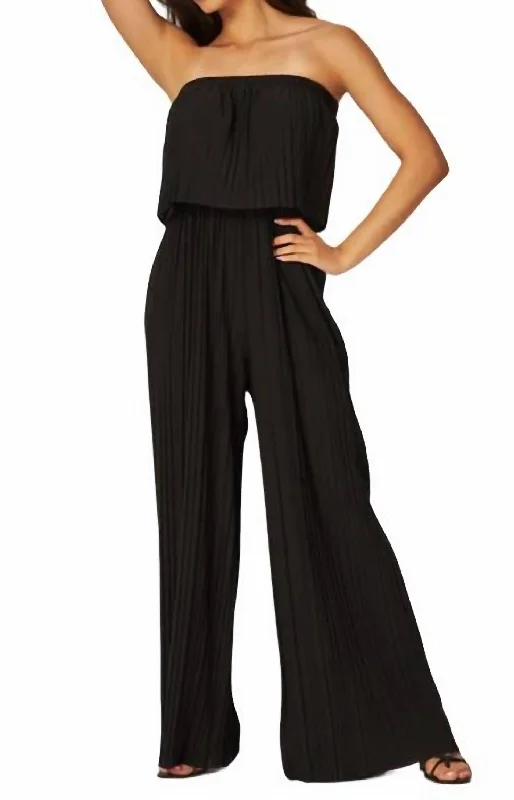 Strapless Pleated Wide Leg Jumpsuit In Black