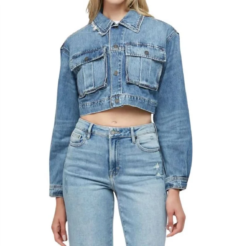 Charming Women's Holiday Apparel Cropped Cargo Jacket In Medium Blue