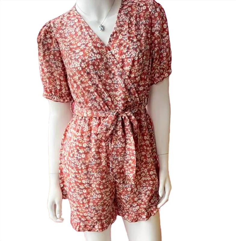 Women's V-Neck Floral Romper In Red