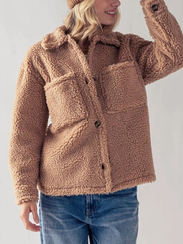 Comfortable Women's Attire Cozy Sherpa Fleece Jacket In Camel