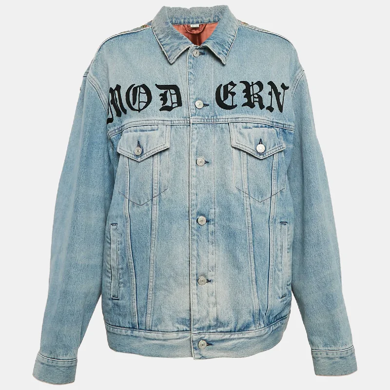 Workwear Fashion for Women Gucci Blue Vintage Logo Print Denim Applique Detail Jacket L Workwear Fashion for Women Gucci Blue Vintage Logo Print Denim Applique Detail Jacket L
