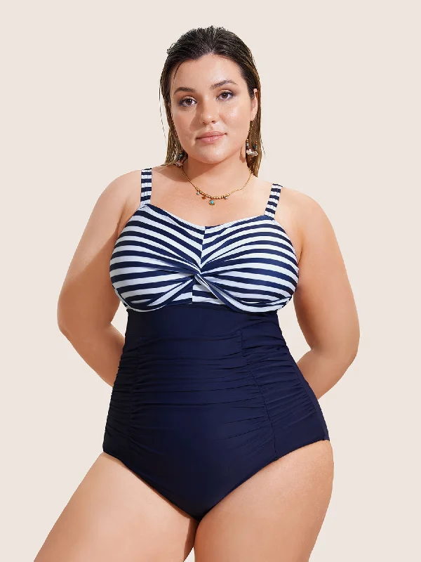 Striped Patchwork Twist Front One Piece Swimsuit