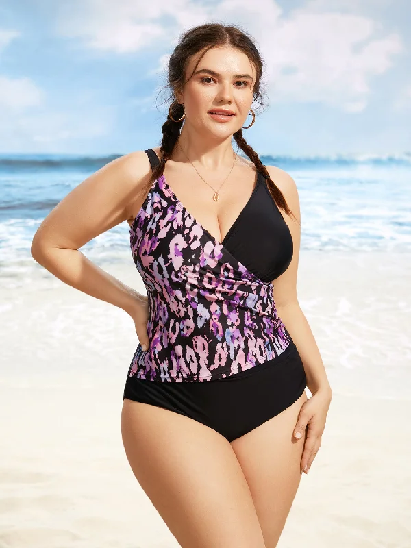 Leopard Print Patchwork Gathered One Piece Swimsuit