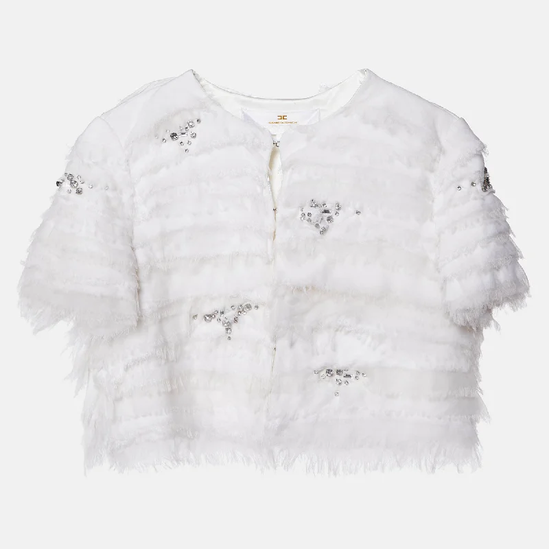 Unique Women's Fashion Pieces Elisabetta Franchi White Studded Crepe Crop Jacket