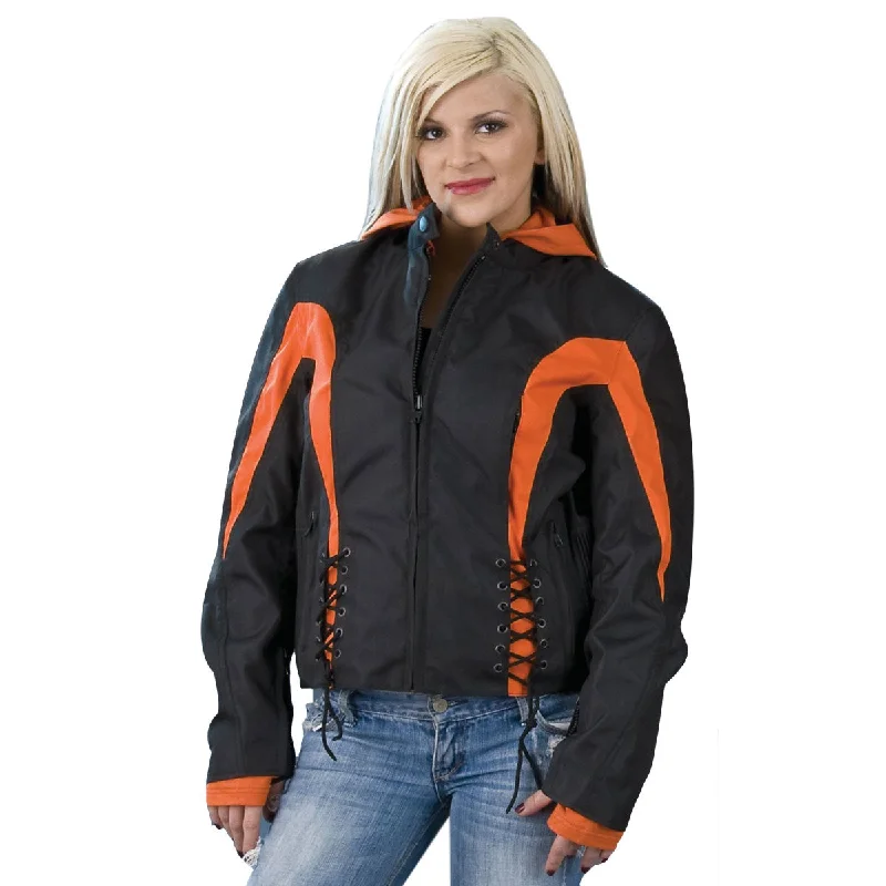 Women's Office Attire NexGen SH2039 Women's Black and Orange Textile Racer Jacket with Fleece Hoodie Women's Office Attire NexGen SH2039 Women's Black and Orange Textile Racer Jacket with Fleece Hoodie