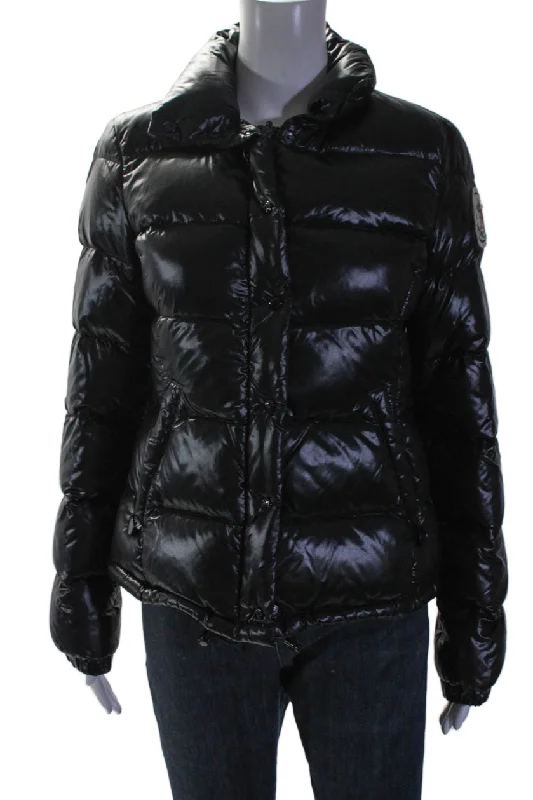 Clothes Of Woman Moncler Womens Two Pocket High Neck Long Sleeve Zip Up Puffer Coat Black