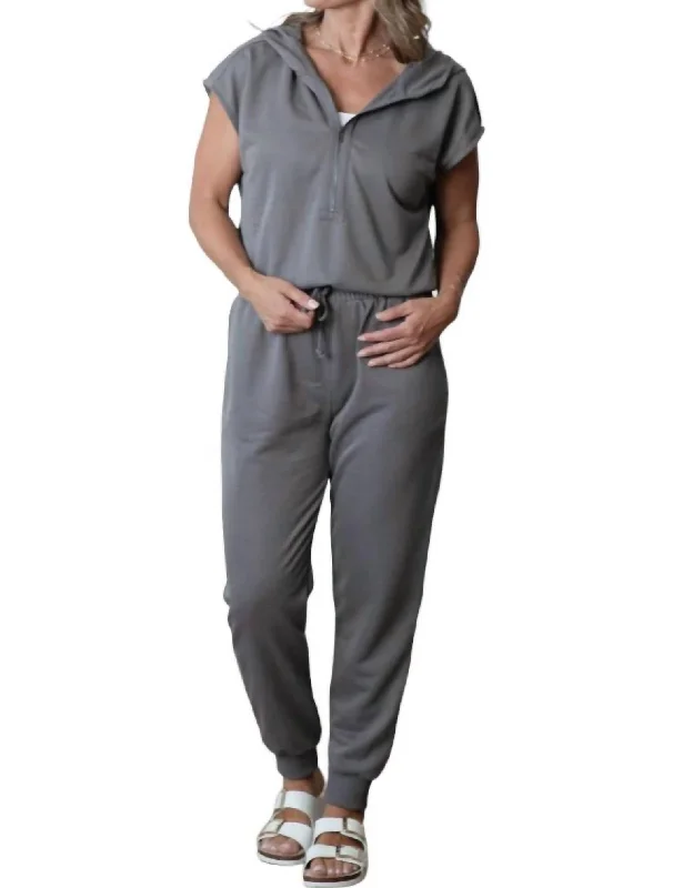 French Terry Hooded Jumpsuit In Charcoal