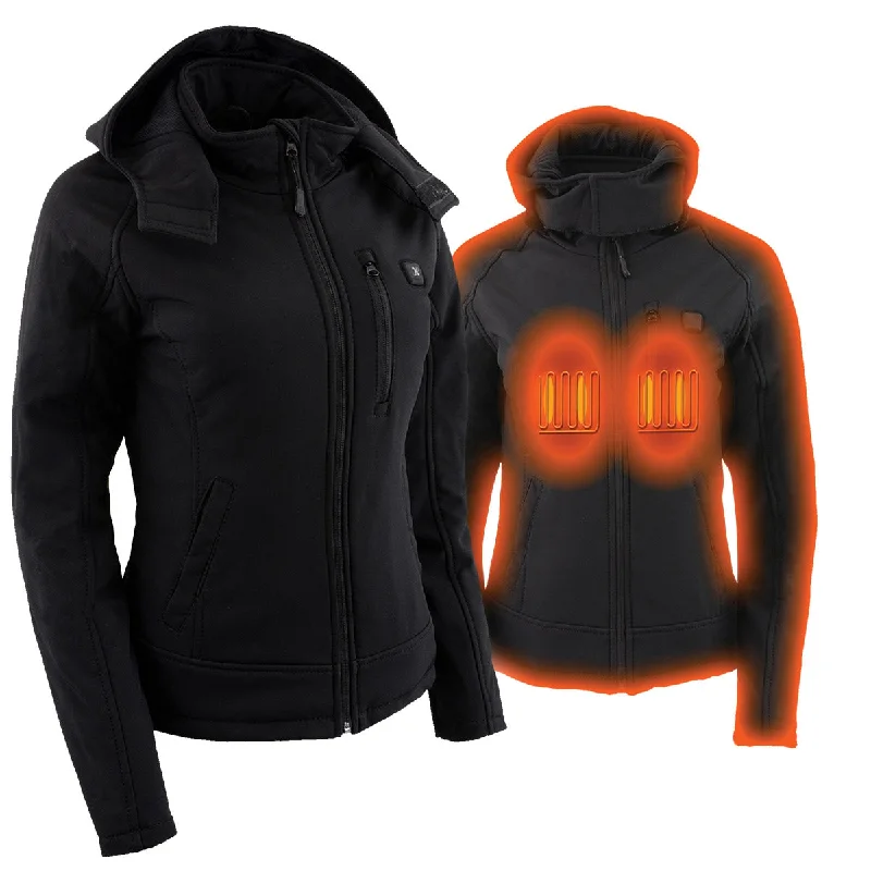 Sustainable Women's Apparel Nexgen Heat MPL2767SET Women's Black 'Heated' Soft Shell Jacket with Detachable Hood for Riding , Hiking w/ Battery Sustainable Women's Apparel Nexgen Heat MPL2767SET Women's Black 'Heated' Soft Shell Jacket with Detachable Hood for Riding , Hiking w/ Battery
