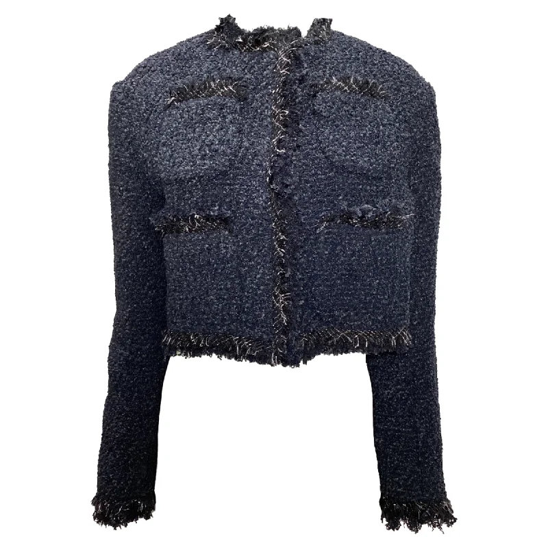 Sale Clearance Sacai Four-Pocket Tweed Cropped Jacket in Navy Blue Nylon