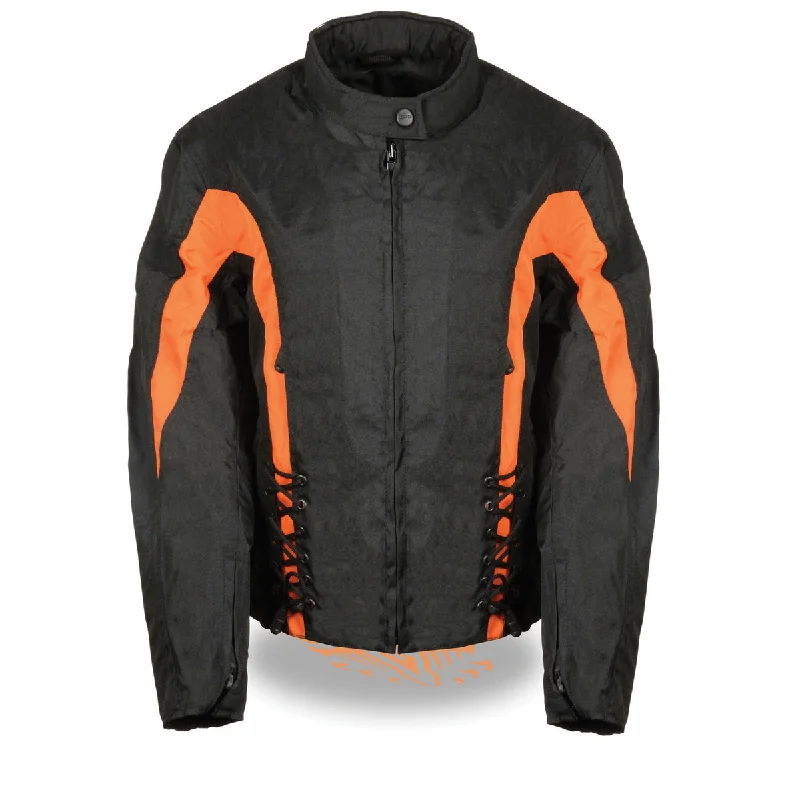 Unique Women's Fashion Pieces Nexgen SH2188 Women's Black and Orange Textile Motorcycle Riding Jacket with Side Stretch and Lacing