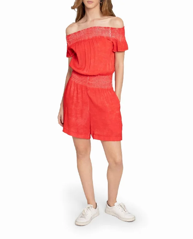 Garment Dyed Off The Shoulder Romper In Poppy