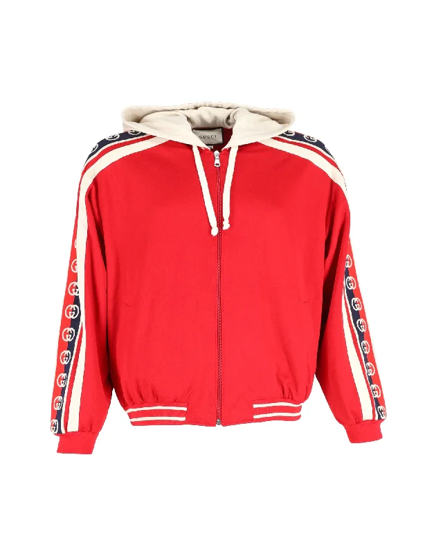 Summer Sale Gucci Web-Trimmed Zip-Up Hoodie in Red Cotton