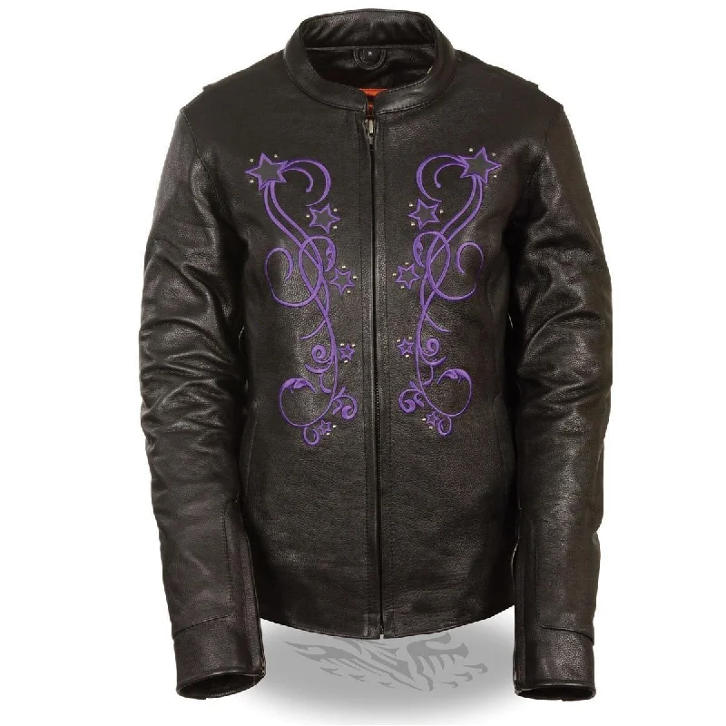 Exclusive Women's Fashion Collection Milwaukee ML2500 Women's Reflective Star Riveted Black and Purple Leather Jacket Exclusive Women's Fashion Collection Milwaukee ML2500 Women's Reflective Star Riveted Black and Purple Leather Jacket