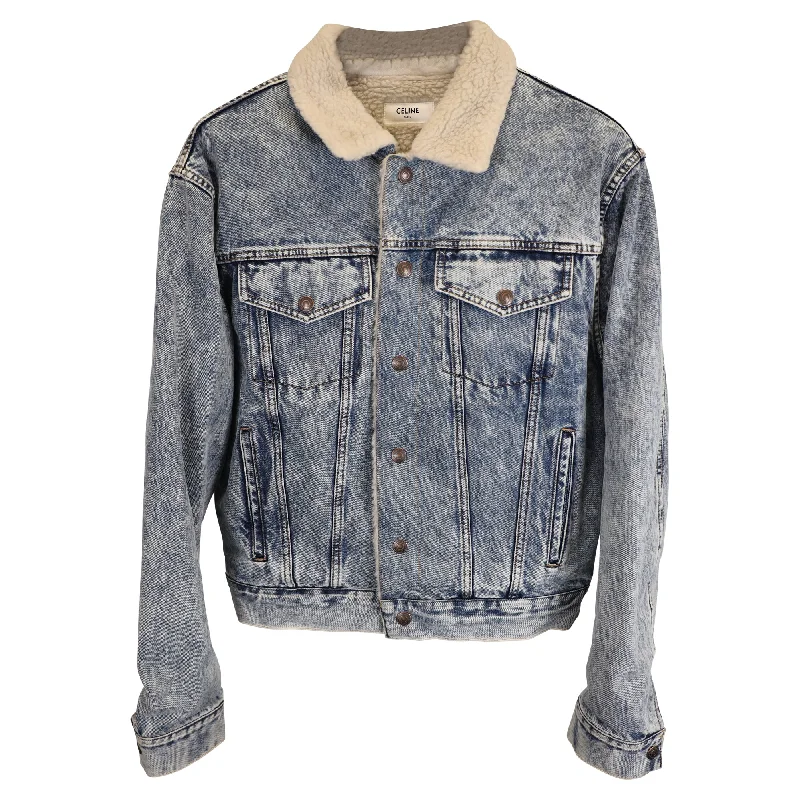 Trendy Athleisure Clothing For Women Celine Oversized Shearling-Lined Bleached Denim Jacket in Light Blue Cotton