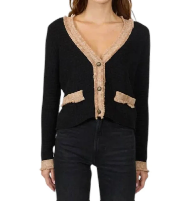 Women's Clothing Apparel Sets Fringe Trimmed V-Neck Jacket In Black Combo