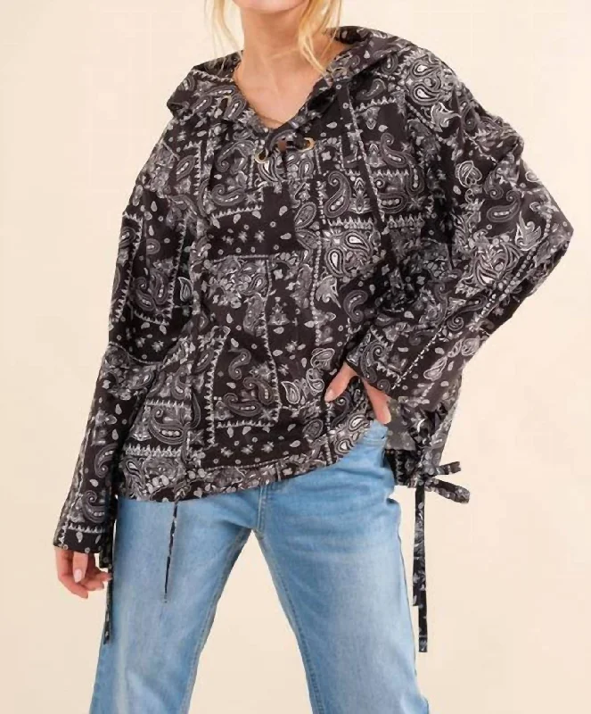 Women's Floral Print Outfit Lace Up Pullover Windbreaker Jacket In Black, White