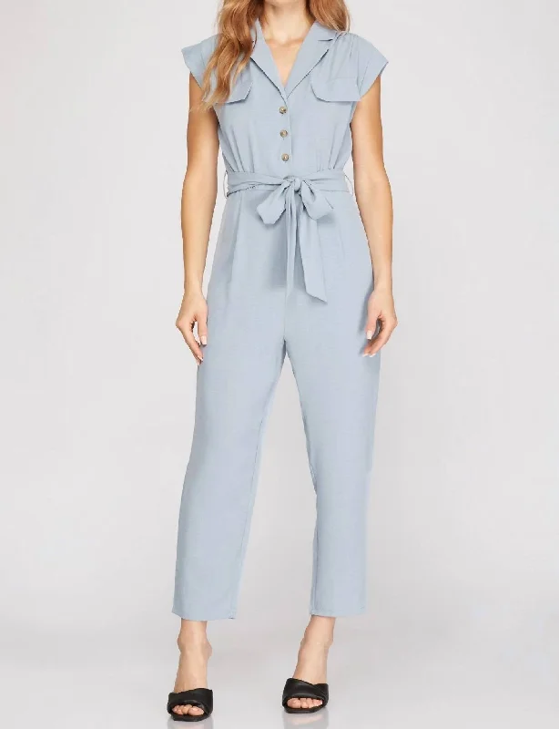 Dolman Sleeve Flap Pocket Belted Jumpsuit In Light Blue