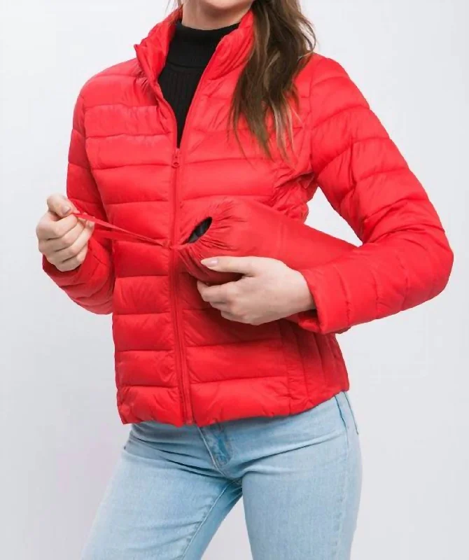 Women's Vacation Outfit Set Ultra Lightweight Padded Thermal Zip Up Jacket In Red