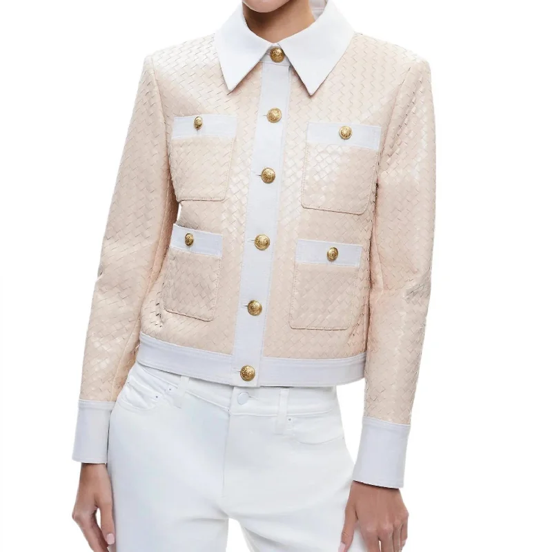 Kinley Woven Vegan Leather Jacket In Almond/off White