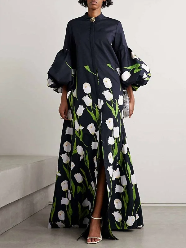 Floral Print Pleated Trench Coat In Black