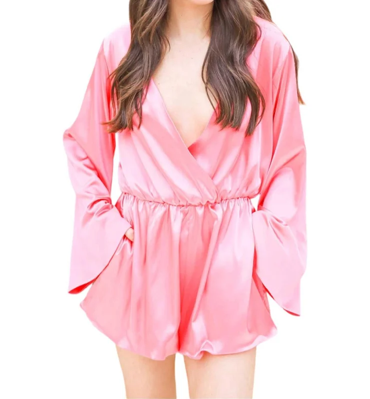 Satin Surplice Romper In Coral