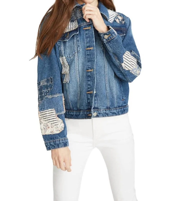 Chic Women's Attire Patched Up Denim Jacket In Med Wash