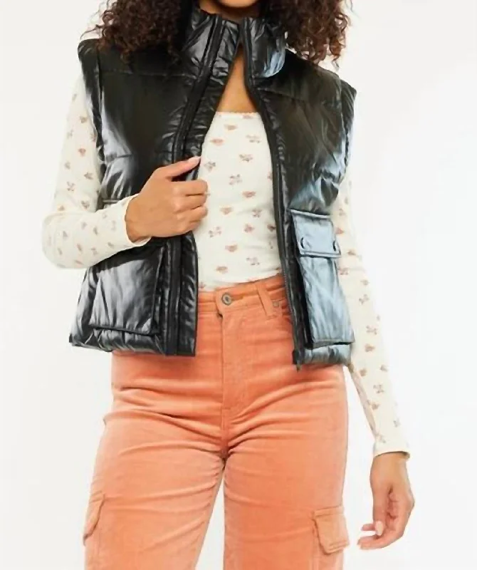 Holiday Discount Obsidian Cropped Faux Leather Puffer Vest In Black
