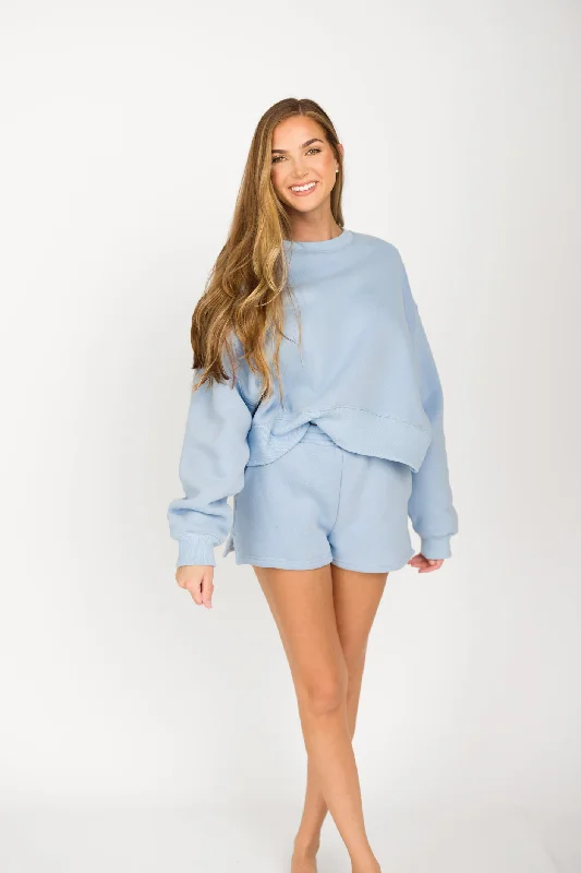 Elegant Women's Fashion Comfy Cozy High Waisted Sweat Shorts in Baby Blue