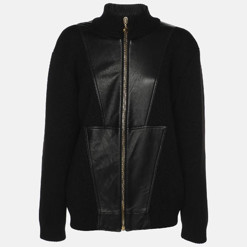 Contemporary Women's Clothing Versace Black Rib Knit And Leather Medusa Jacket