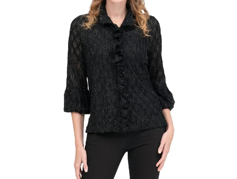 Feminine Dresses for Women in Bold Prints Diamond Design Ogee Ruffle Jacket In Black