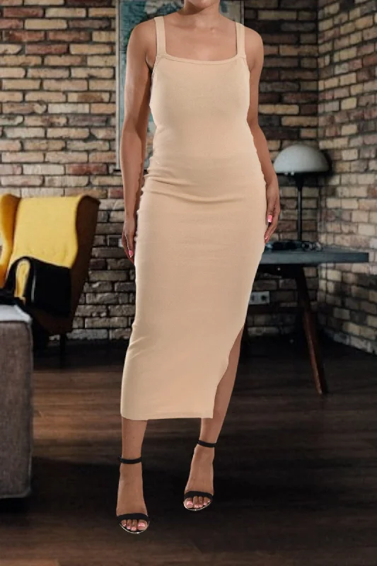 Trendy Women's Wear Collection Beige Rib Bodycon Slit Dress