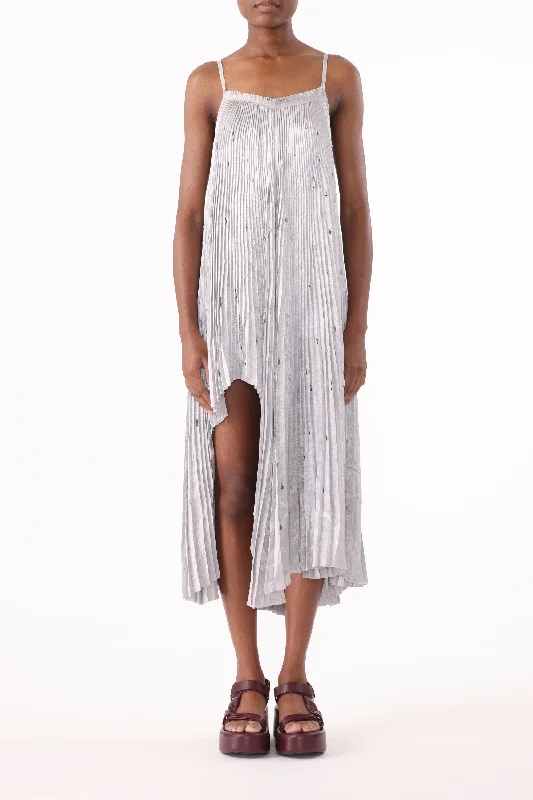 Premium Fabrics PLEATED CRINKLED SATIN SLIP DRESS WITH LASER CUT HEM