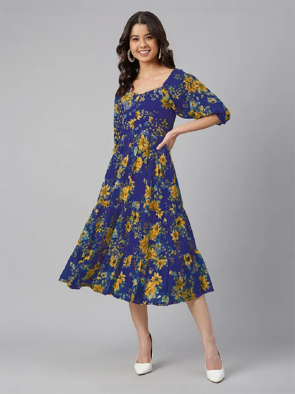 Online Shopping Boutiques Blue Georgette Floral Printed Tiered Dress