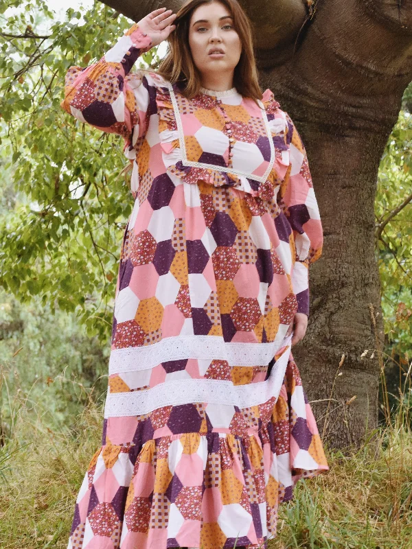 Women's Elegant Garments 100% RECYCLED COTTON - CLARA DRESS HEXIE PATCHWORK PRINT