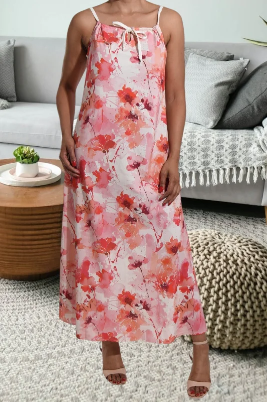 Affordable Women's Outfit Red Floral Strappy Maxi Tie Dress