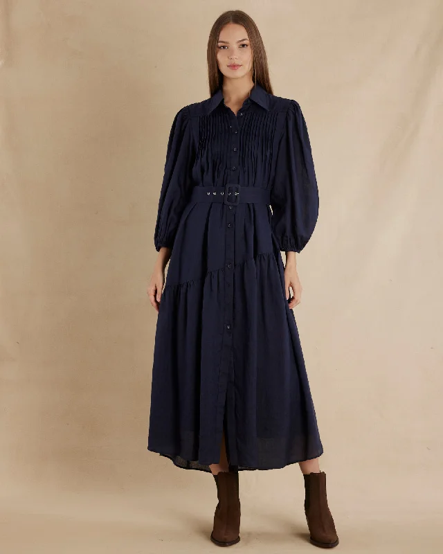 Casual Fashion Poeta Ramie Pintuck Belted Dress - Navy