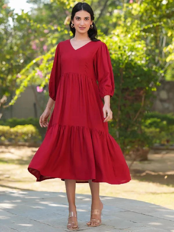Sales For Clothes Red Rayon Solid Tiered Dress