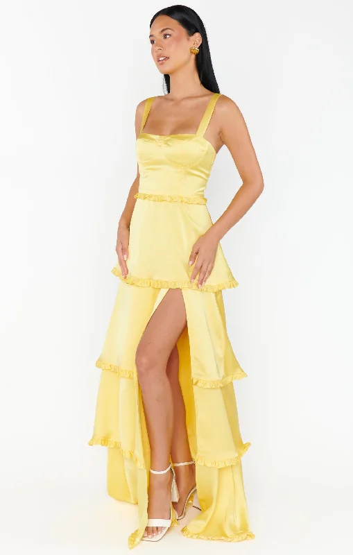 Chic Everyday Wear Lady Corset Dress ~ Yellow Luxe Satin