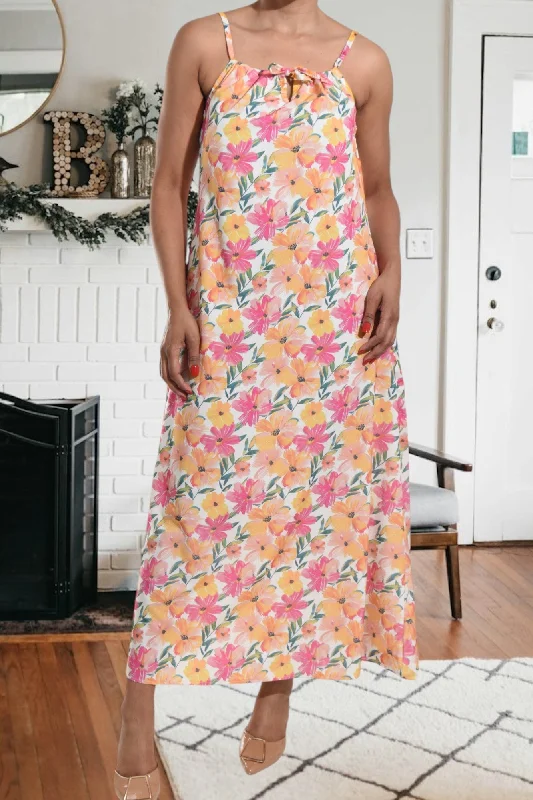 Women's Evening Attire Yellow Floral Strappy Maxi Tie Dress