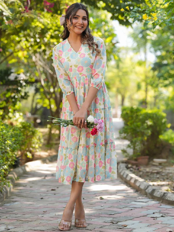 Limited Time Cream Georgette Floral Printed Tiered Dress