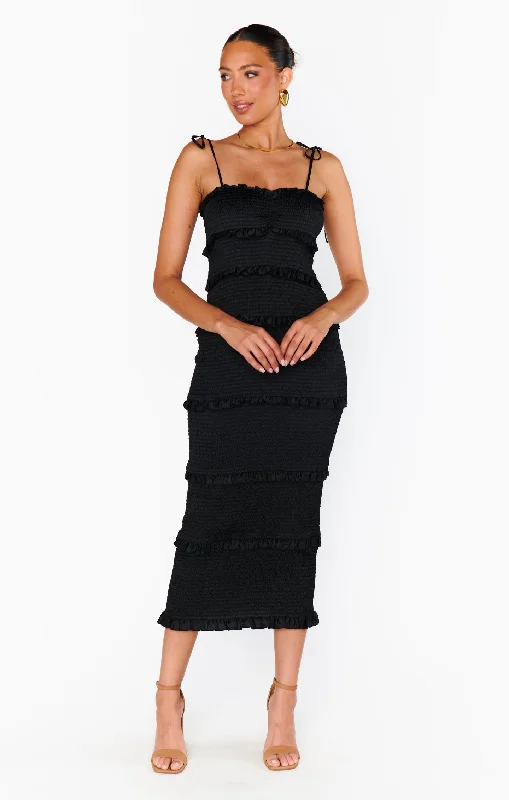 Vintage Elegance Stella Smocked Dress ~ Black Luxe Satin